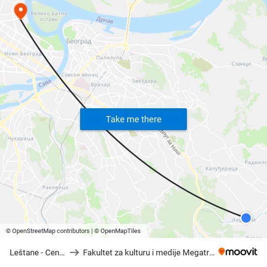 Leštane - Centar to Fakultet za kulturu i medije Megatrend map