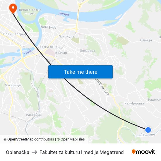 Oplenačka to Fakultet za kulturu i medije Megatrend map