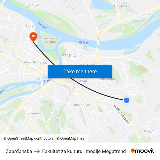 Zabrđanska to Fakultet za kulturu i medije Megatrend map