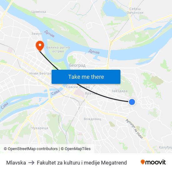 Mlavska to Fakultet za kulturu i medije Megatrend map