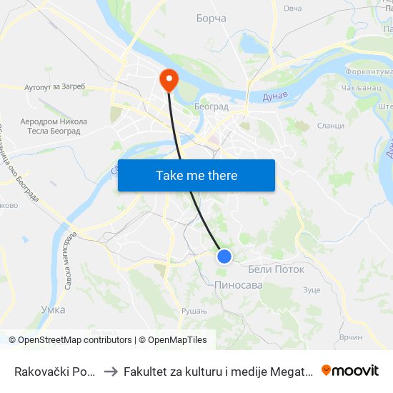 Rakovački Potok to Fakultet za kulturu i medije Megatrend map