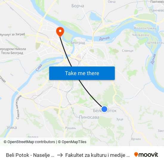 Beli Potok - Naselje Kolonija to Fakultet za kulturu i medije Megatrend map