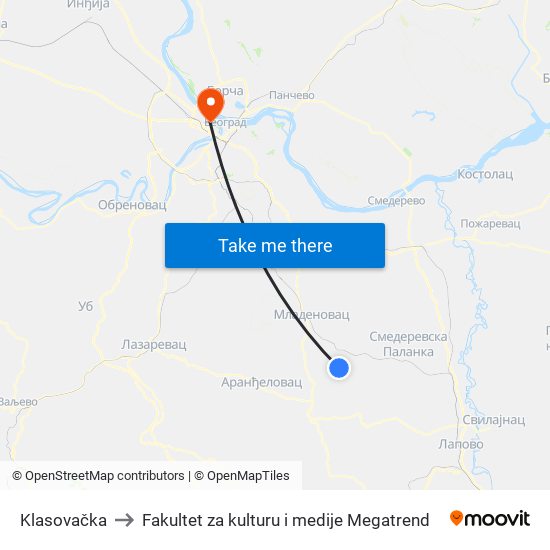 Klasovačka to Fakultet za kulturu i medije Megatrend map