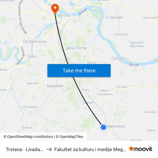 Trstena - Livadarska to Fakultet za kulturu i medije Megatrend map