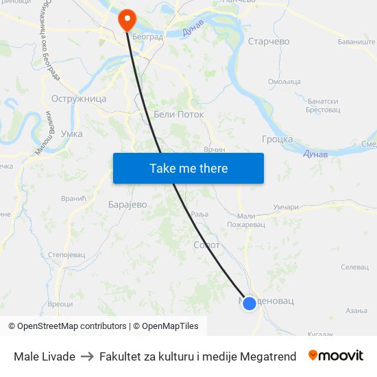 Male Livade to Fakultet za kulturu i medije Megatrend map