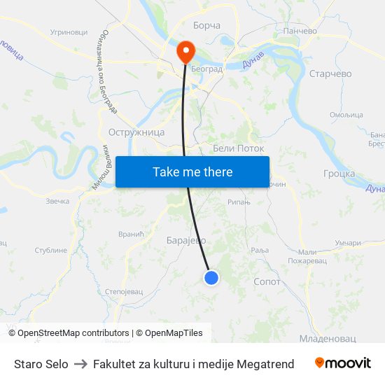 Staro Selo to Fakultet za kulturu i medije Megatrend map