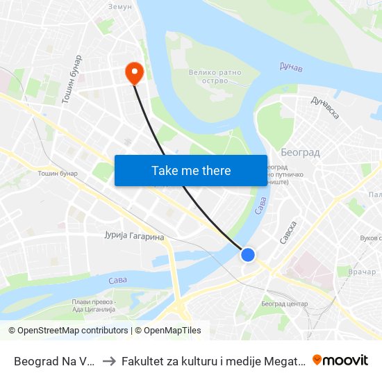 Beograd Na Vodi to Fakultet za kulturu i medije Megatrend map