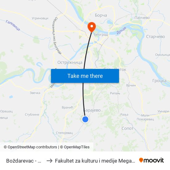 Boždarevac - Mlin to Fakultet za kulturu i medije Megatrend map