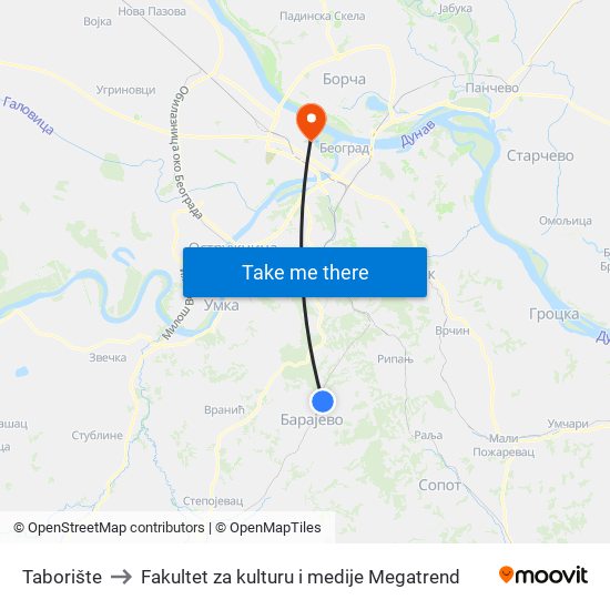 Taborište to Fakultet za kulturu i medije Megatrend map