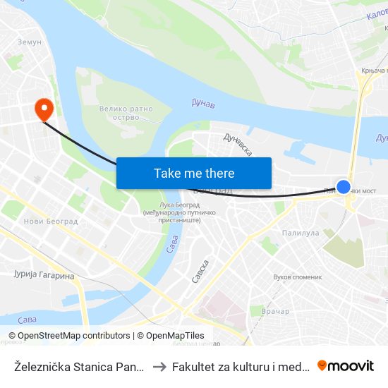 Železnička Stanica Pančevački Most to Fakultet za kulturu i medije Megatrend map