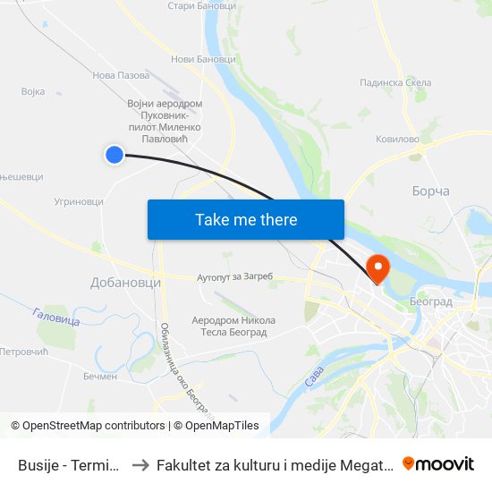 Busije - Terminus to Fakultet za kulturu i medije Megatrend map