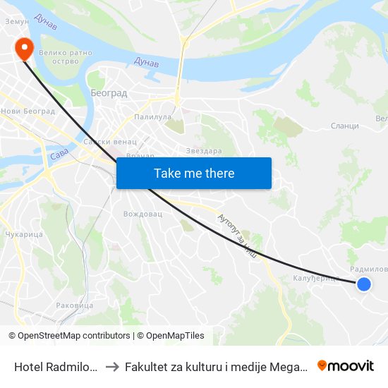 Hotel Radmilovac to Fakultet za kulturu i medije Megatrend map
