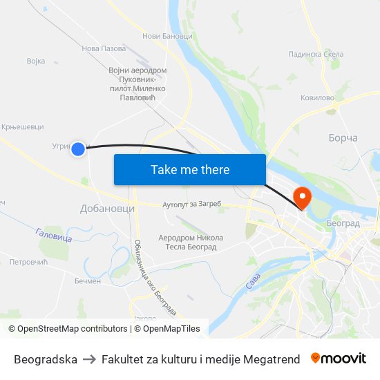Beogradska to Fakultet za kulturu i medije Megatrend map
