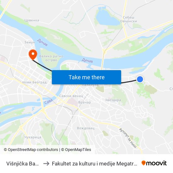 Višnjička Banja to Fakultet za kulturu i medije Megatrend map