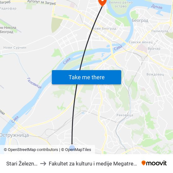 Stari Železnik to Fakultet za kulturu i medije Megatrend map