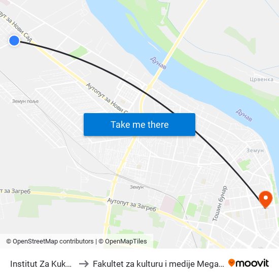 Institut Za Kukuruz to Fakultet za kulturu i medije Megatrend map