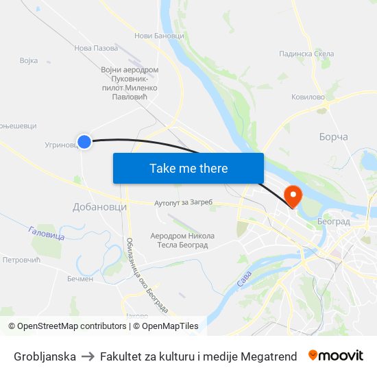 Grobljanska to Fakultet za kulturu i medije Megatrend map