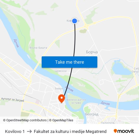 Kovilovo 1 to Fakultet za kulturu i medije Megatrend map