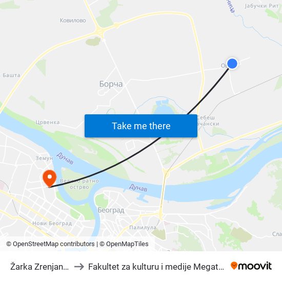 Žarka Zrenjanina to Fakultet za kulturu i medije Megatrend map