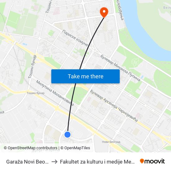 Garaža Novi Beograd to Fakultet za kulturu i medije Megatrend map