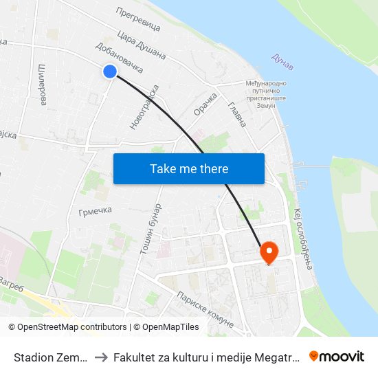 Stadion Zemun to Fakultet za kulturu i medije Megatrend map