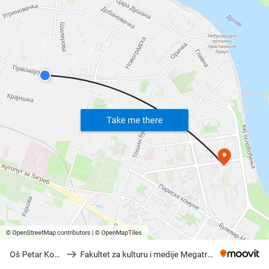 Oš Petar Kočić to Fakultet za kulturu i medije Megatrend map