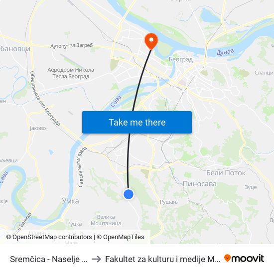 Sremčica - Naselje Gorica to Fakultet za kulturu i medije Megatrend map