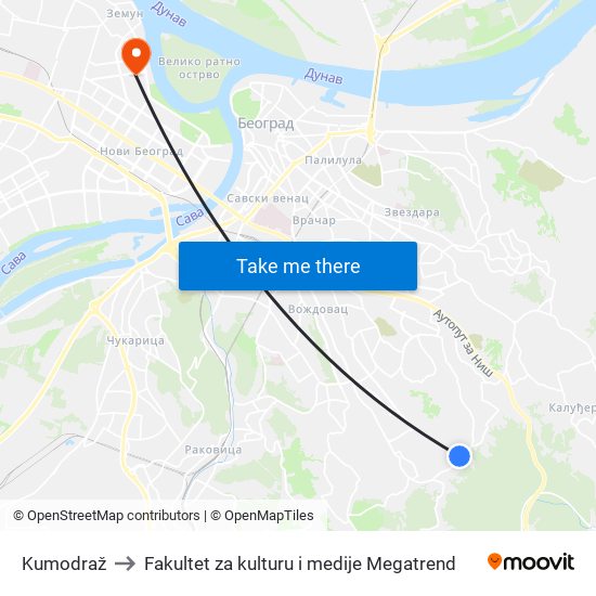 Kumodraž to Fakultet za kulturu i medije Megatrend map