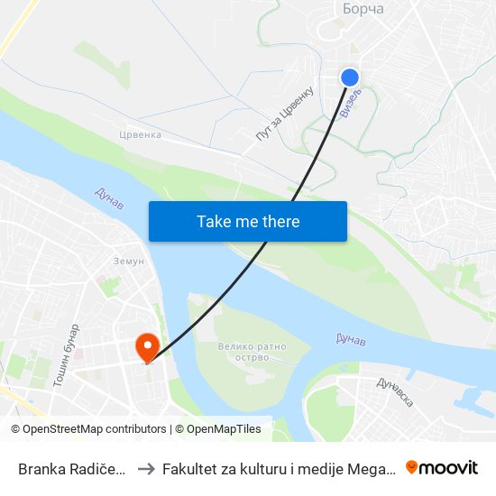 Branka Radičevića to Fakultet za kulturu i medije Megatrend map