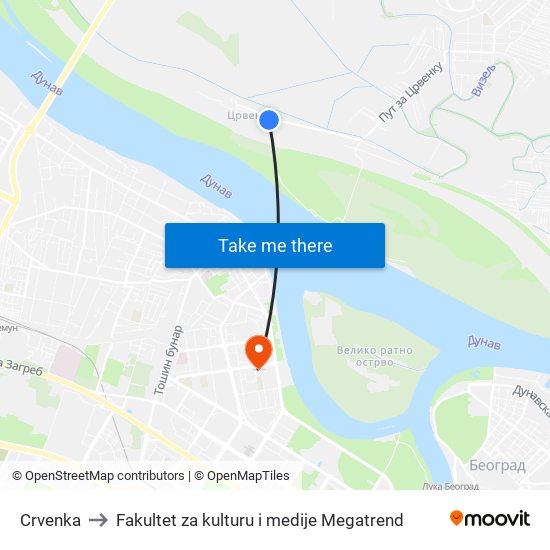 Crvenka to Fakultet za kulturu i medije Megatrend map