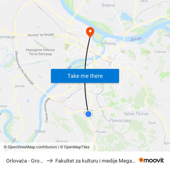 Orlovača - Groblje to Fakultet za kulturu i medije Megatrend map