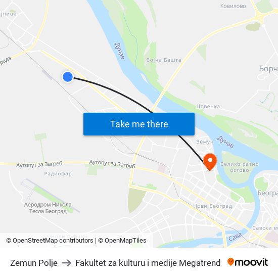 Zemun Polje to Fakultet za kulturu i medije Megatrend map