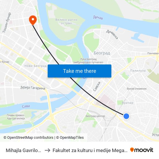 Mihajla Gavrilovića to Fakultet za kulturu i medije Megatrend map