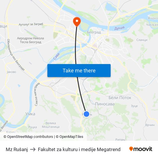 Mz Rušanj to Fakultet za kulturu i medije Megatrend map