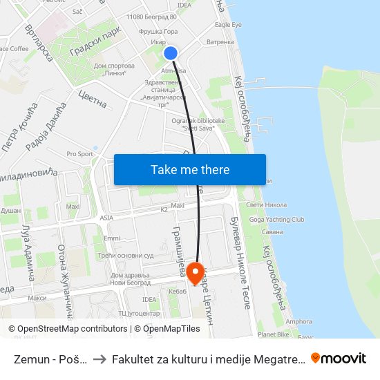 Zemun - Pošta to Fakultet za kulturu i medije Megatrend map