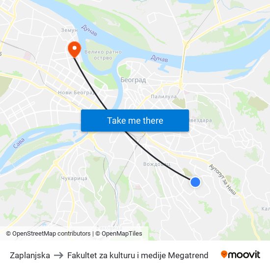 Zaplanjska to Fakultet za kulturu i medije Megatrend map