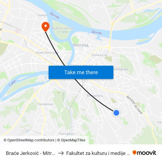 Braće Jerković - Mitrovo Brdo to Fakultet za kulturu i medije Megatrend map