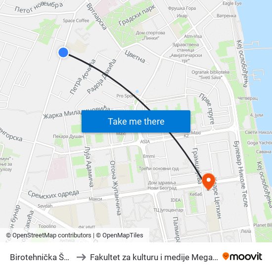 Birotehnička Škola to Fakultet za kulturu i medije Megatrend map