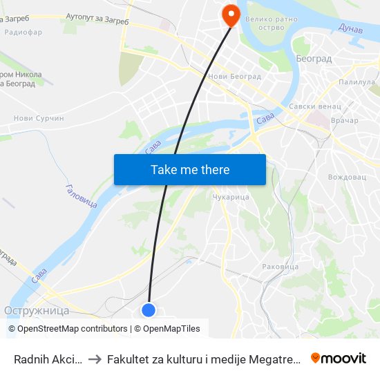 Radnih Akcija to Fakultet za kulturu i medije Megatrend map