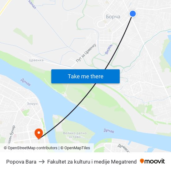 Popova Bara to Fakultet za kulturu i medije Megatrend map