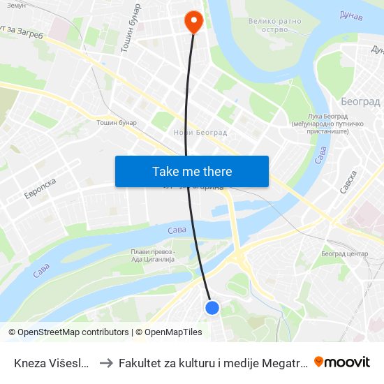 Kneza Višeslava to Fakultet za kulturu i medije Megatrend map