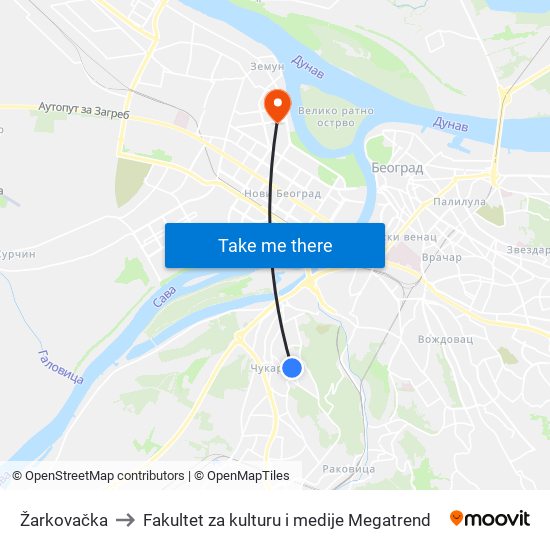 Žarkovačka to Fakultet za kulturu i medije Megatrend map