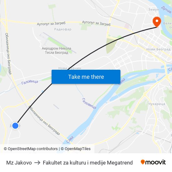 Mz Jakovo to Fakultet za kulturu i medije Megatrend map