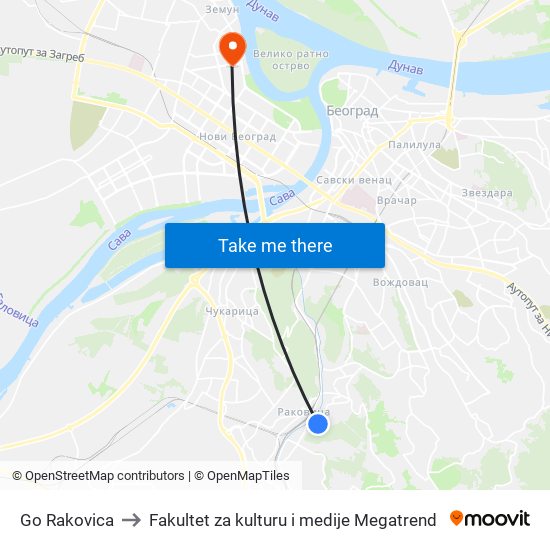 Go Rakovica to Fakultet za kulturu i medije Megatrend map