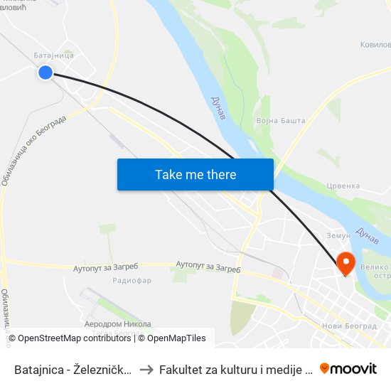 Batajnica - Železnička Stanica to Fakultet za kulturu i medije Megatrend map