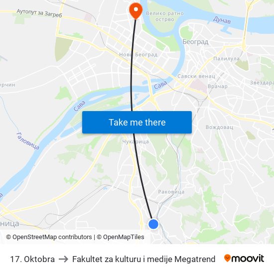 17. Oktobra to Fakultet za kulturu i medije Megatrend map