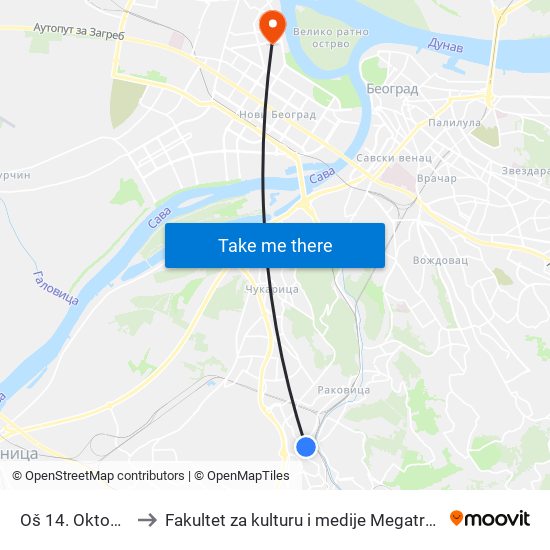 Oš 14. Oktobar to Fakultet za kulturu i medije Megatrend map