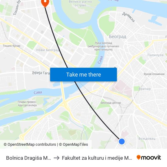 Bolnica Dragiša Mišović to Fakultet za kulturu i medije Megatrend map