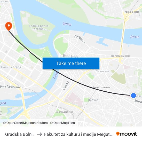 Gradska Bolnica to Fakultet za kulturu i medije Megatrend map