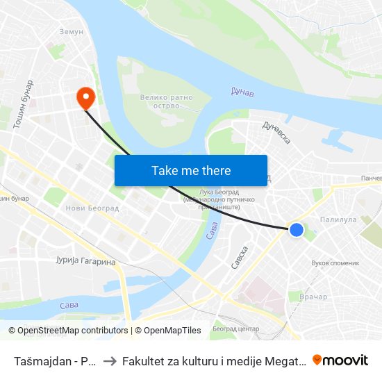 Tašmajdan - Park to Fakultet za kulturu i medije Megatrend map